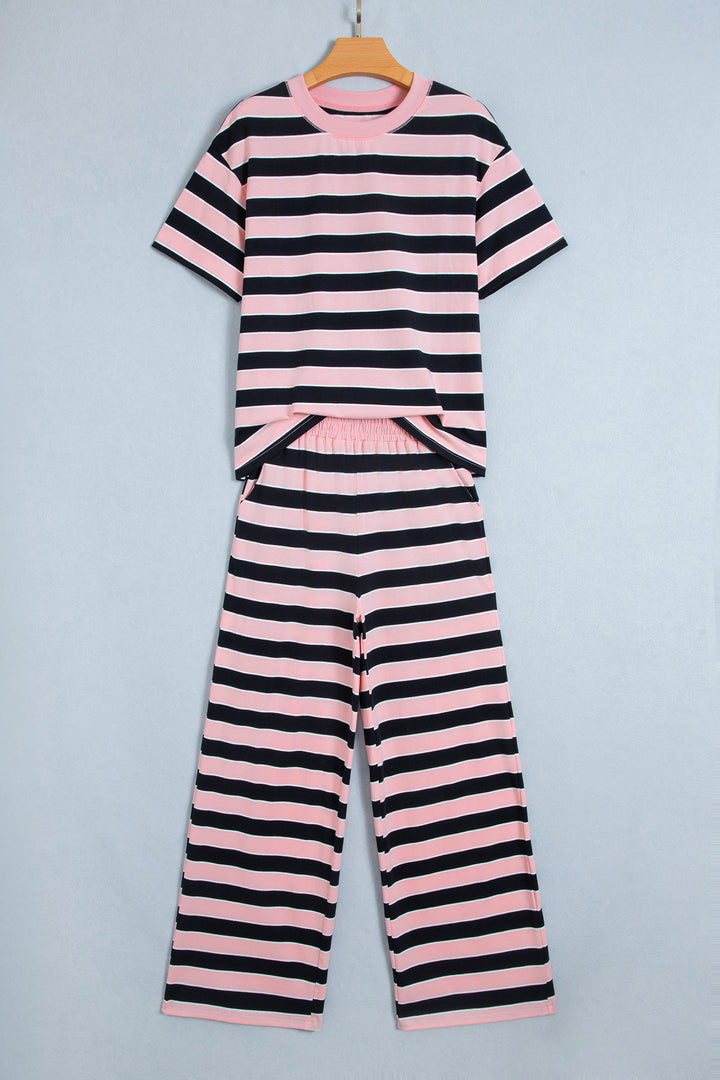Pink Stripe Loose Tee and Pants Two Piece Set