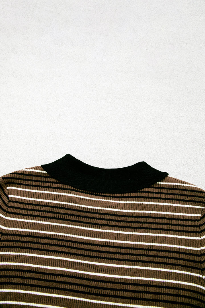 Green Stripe Striped Ribbed Knit Button Collar Sweater