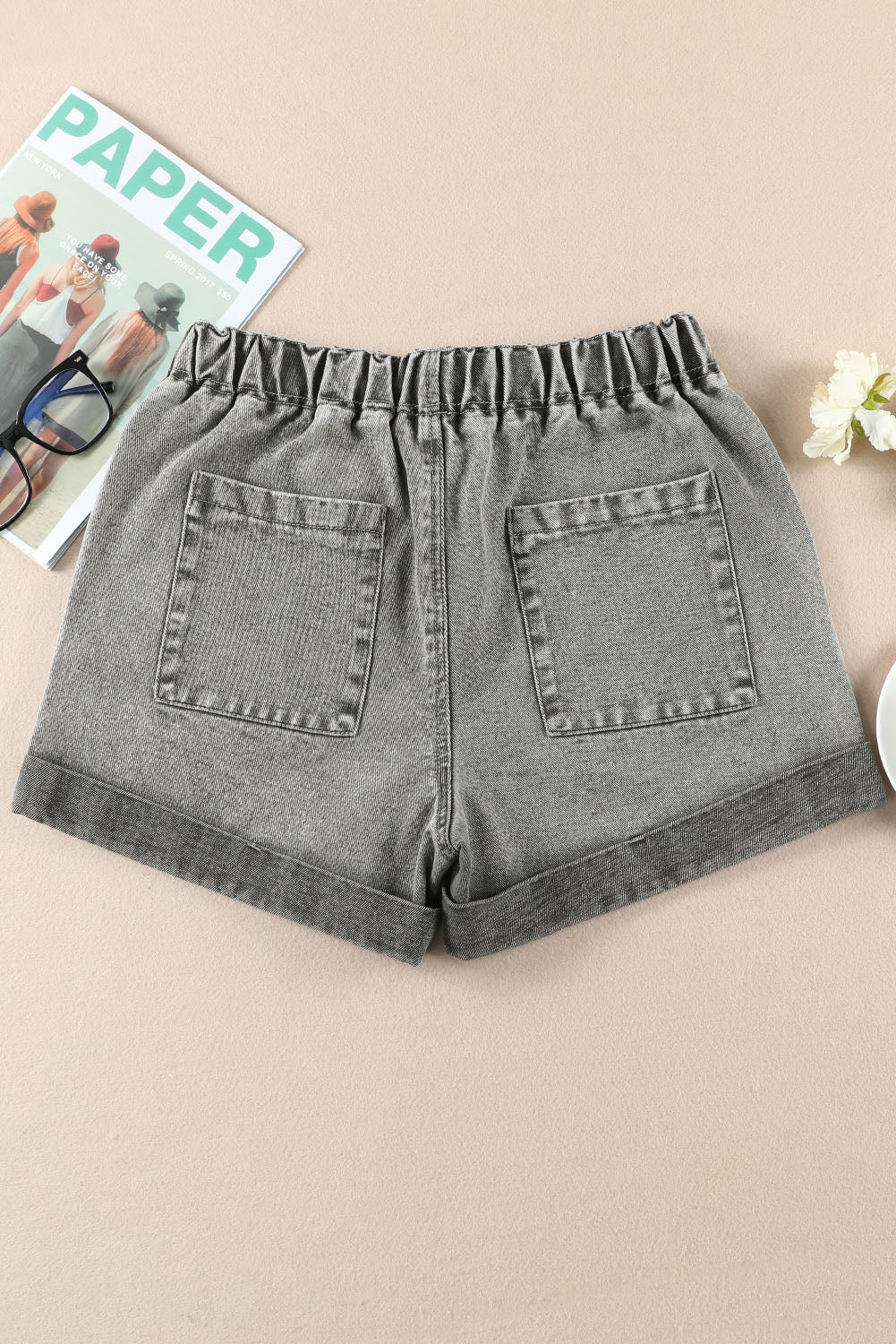 Gray Pocketed Drawstring High Waist Denim Shorts