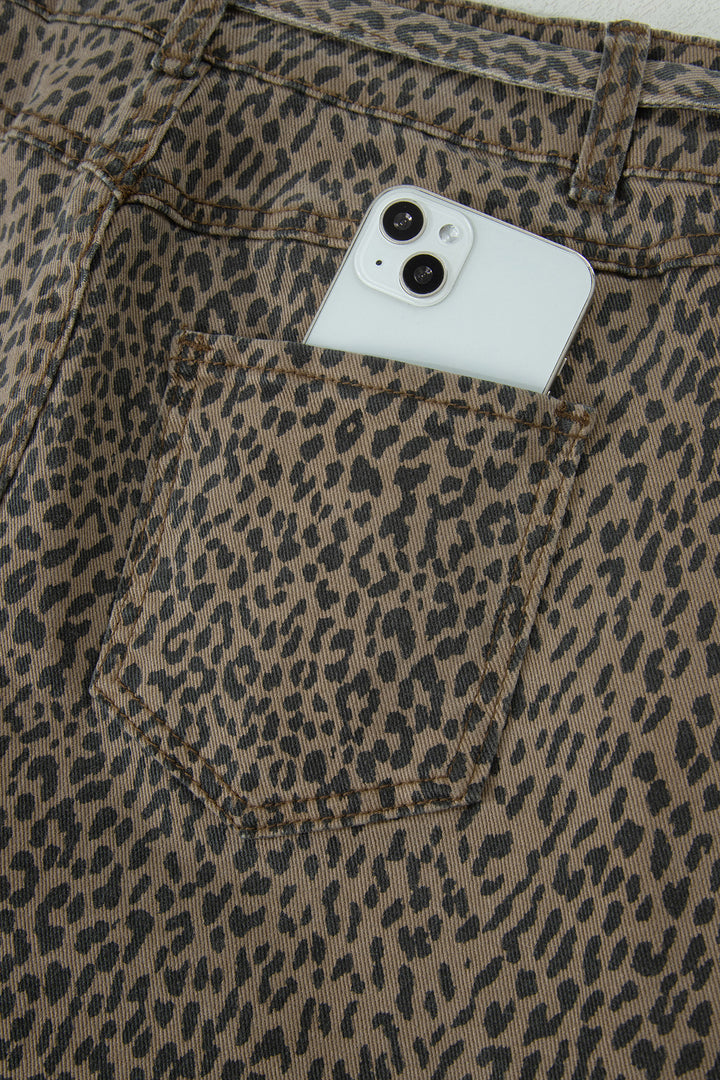 Black Leopard Print Loose Denim Shorts
