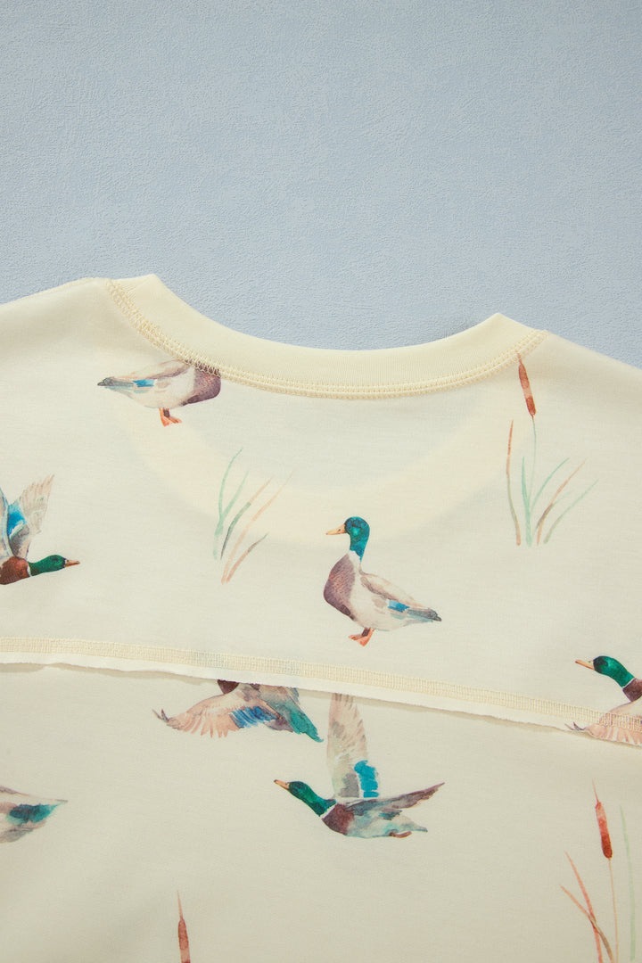 Beige Duck Print Short Sleeve Top Pocket Pants 2pcs Casual Set