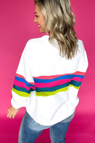 White Colorful Striped Accent Long Sleeve T Shirt