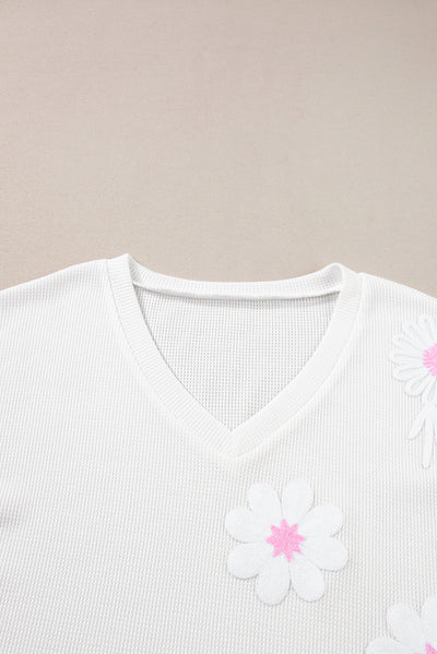 White Flower Applique Texture Knitted V Neck Top