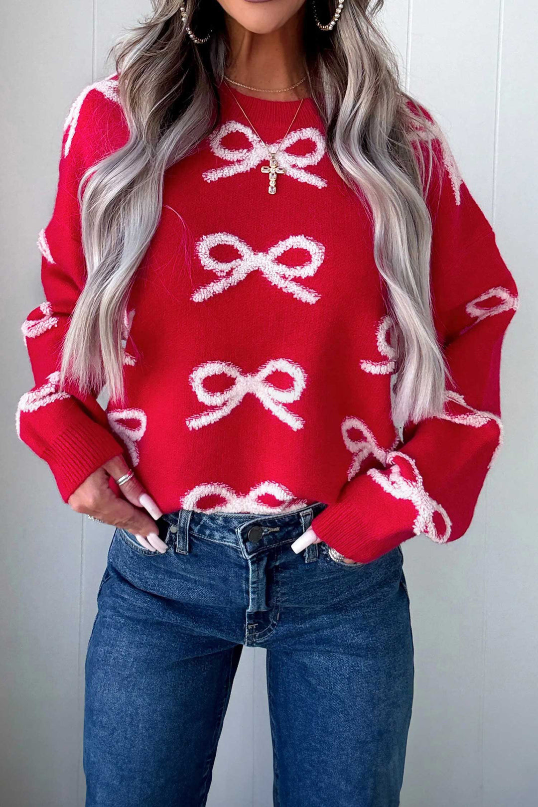 Fiery Red All Over Bow Dropped Shoulder Round Neck Shift Sweater