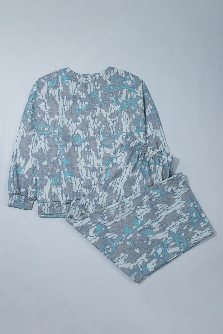 Multicolour Abstract Botanical Print Plus Size Pullover Drawstring Pants Set