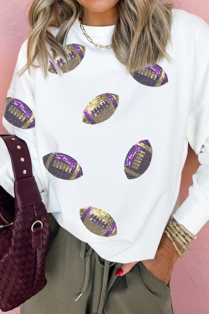 White Game Day Sequin Rugby Pattern Baggy Sweatshirt