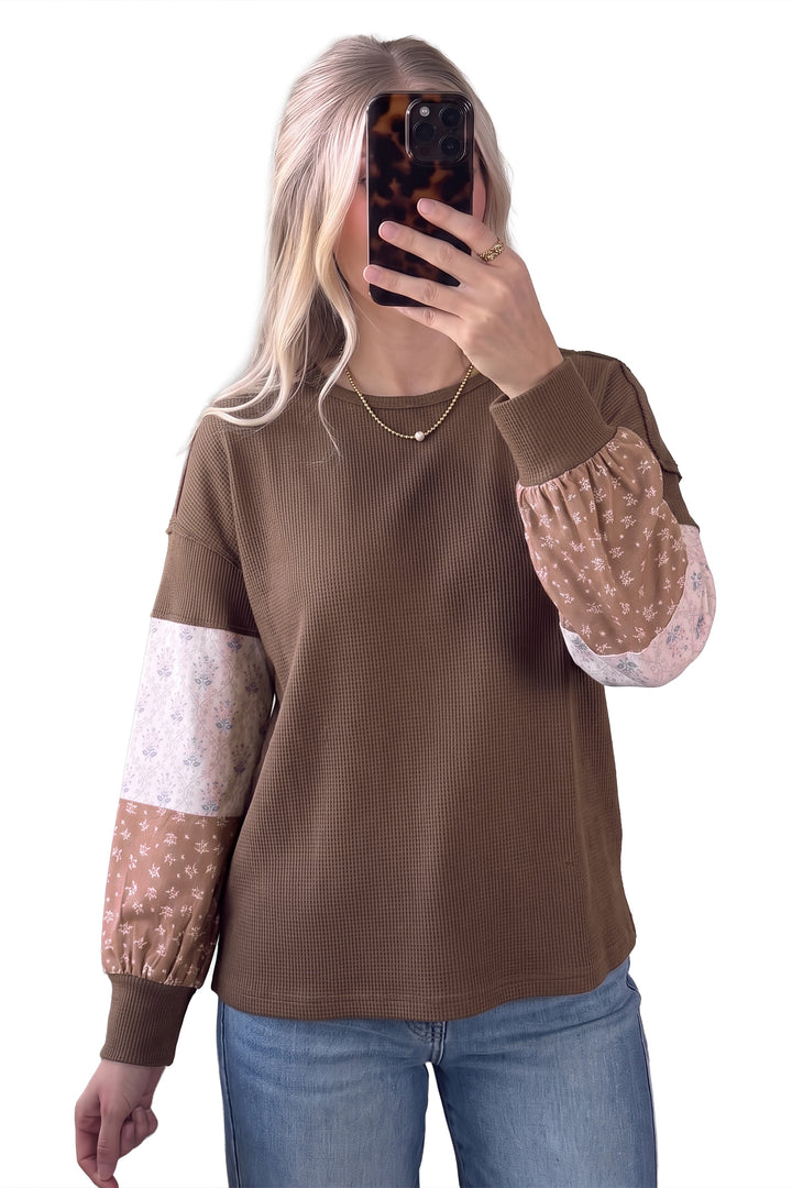 Coffee Floral Print Colorblock Long Sleeve Textured Loose Pullover Tunic Top