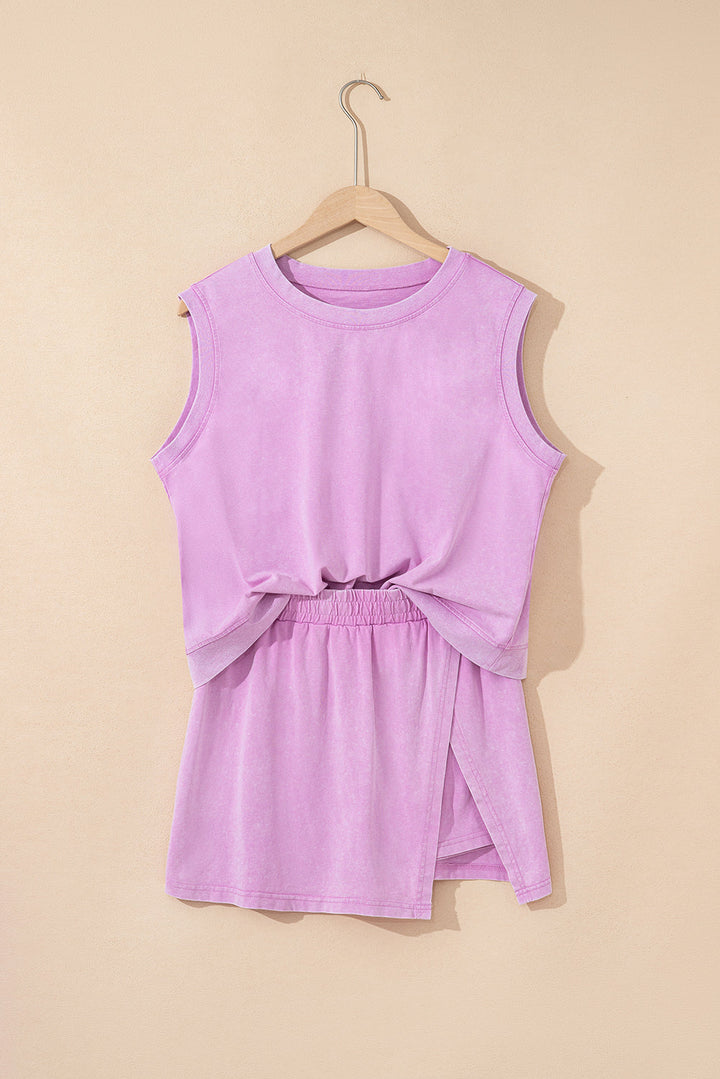 Aria 2 Pieces Mineral Wash Cotton Tank Top Lined Split Skirt Set