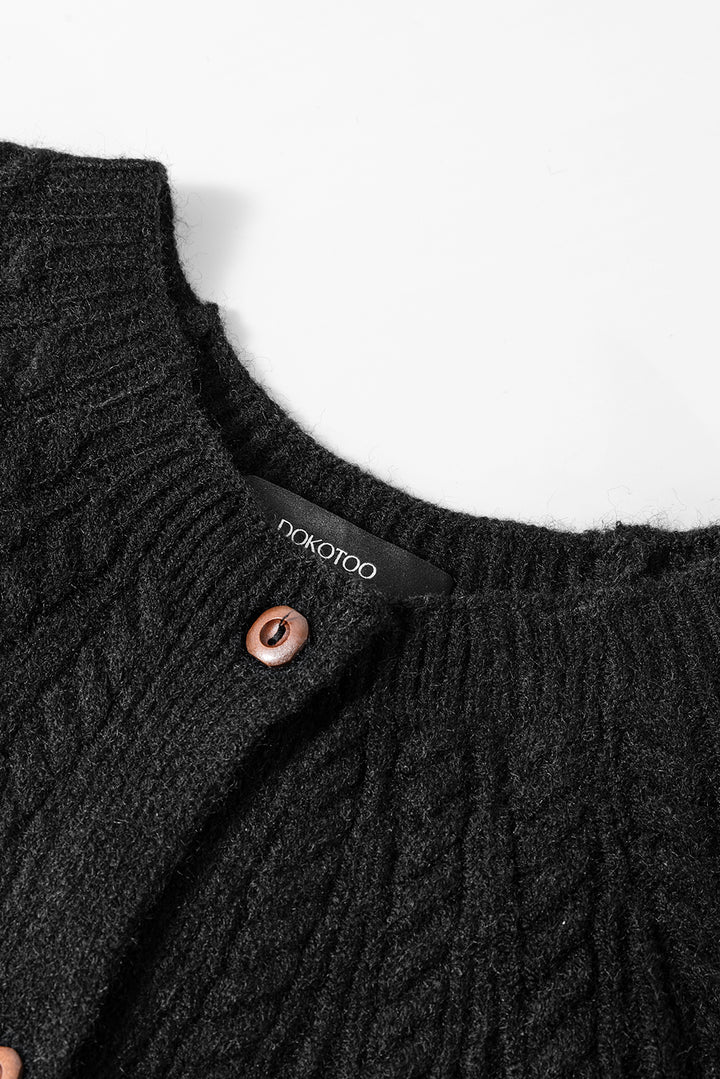Black Solid Color Textured Detail Button Down Long Sleeve Sweater Cardigan