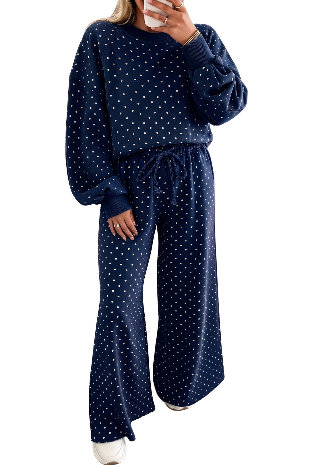 Red Polka Dot Drawstring Wide Leg Long Sleeve Top Pant Set