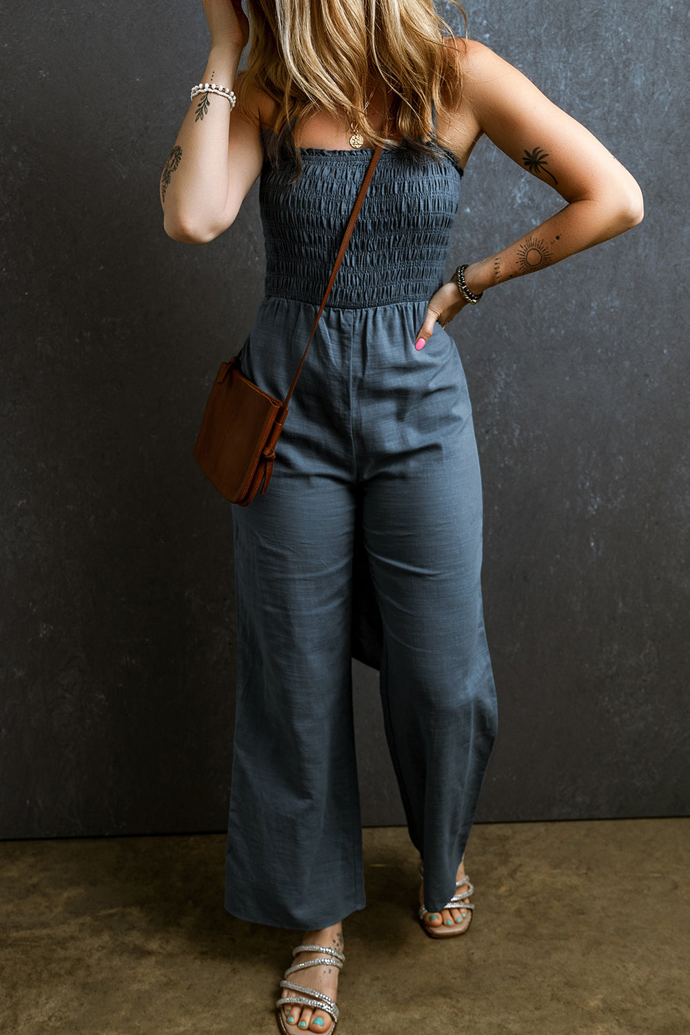 Sky Blue Smocked Spaghetti Straps Tied Back Wide Leg Jumpsuit