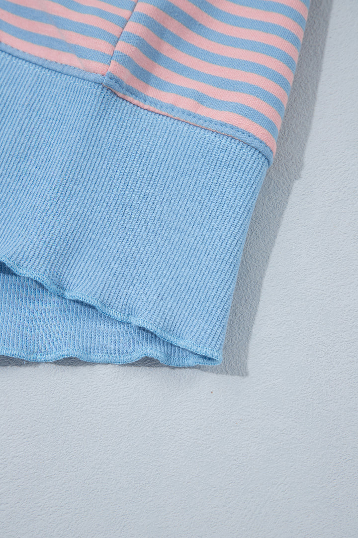 Sky Blue Stripe Colorblock Scalloped Trim Loose 3/4 Sleeve Top