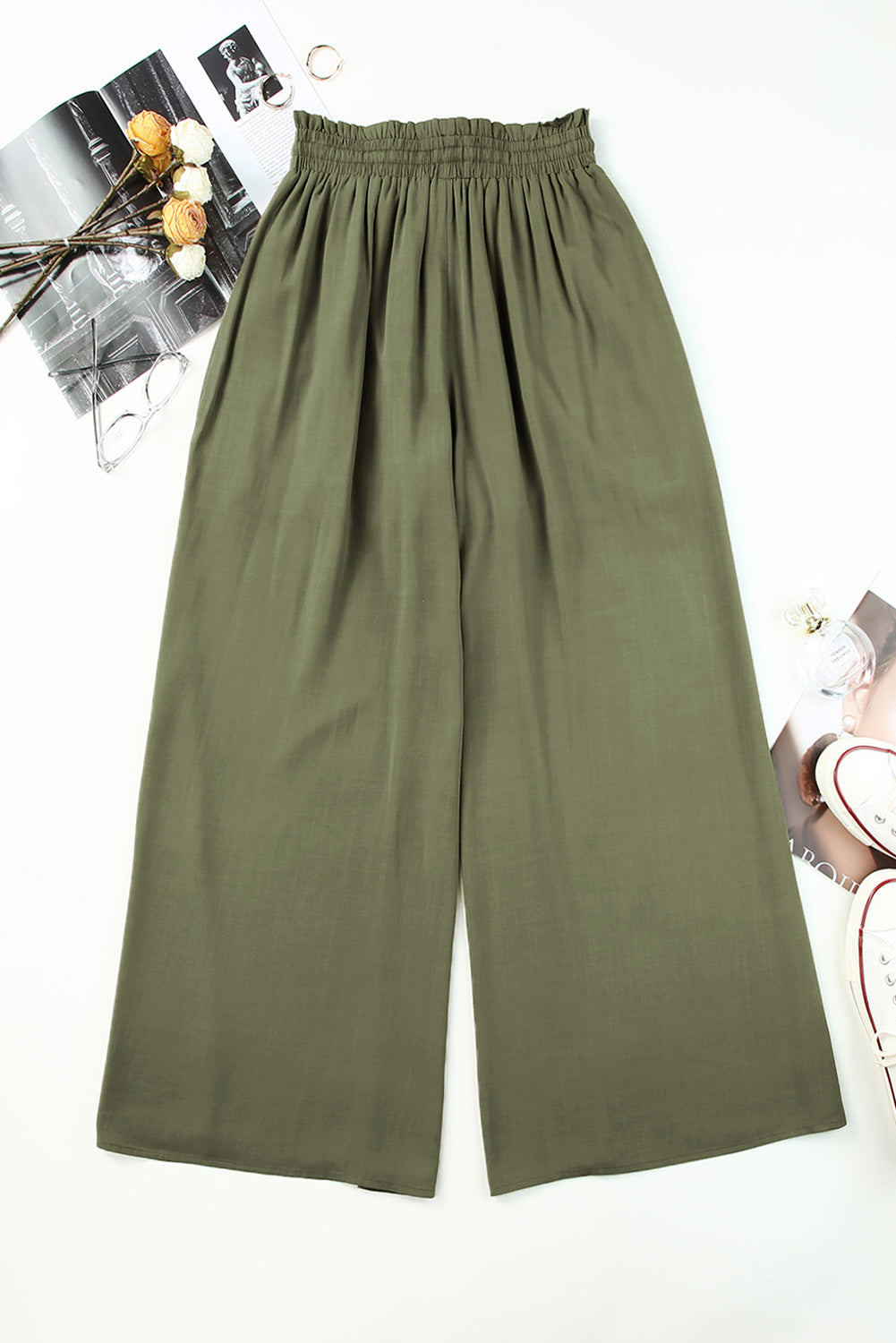 Green Drawstring Smocked High Waist Wide Leg Pants