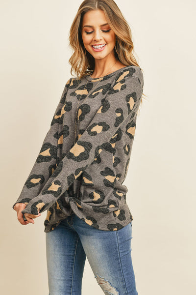 Long Sleeve Round Neck Leopard Knot Top