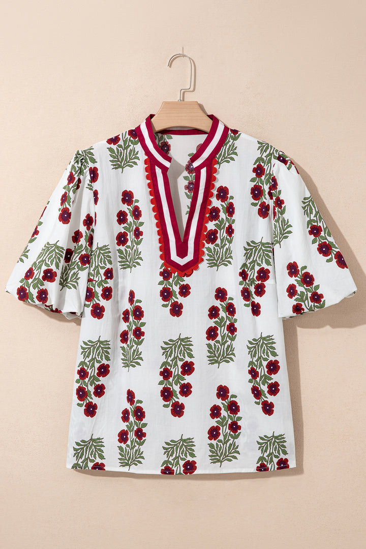 Black Plus Size Floral Print Ricrac Striped Trim Short Sleeve Cotton Blouse