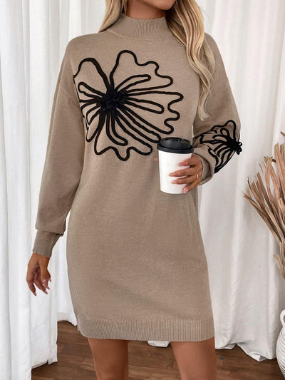 Perfee Flower Mock Neck Long Sleeve Sweater Dress