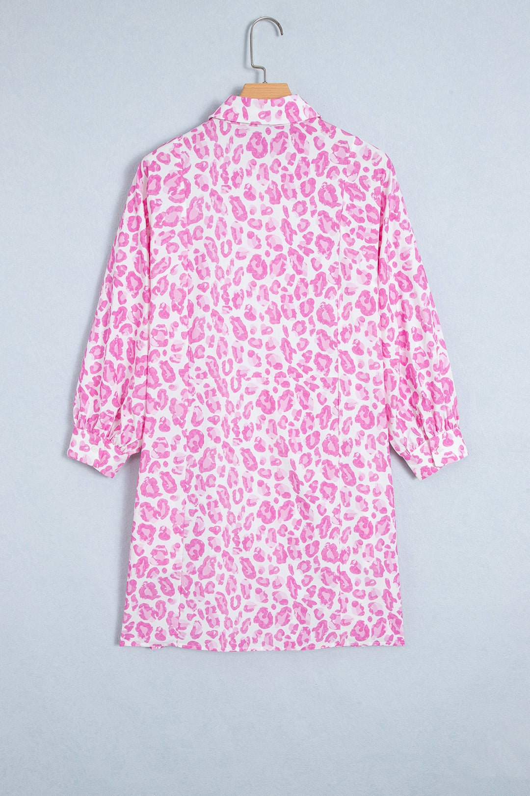 Pink Abstract Leopard Print Tie Waist Puff Sleeve Mini Shirt Dress