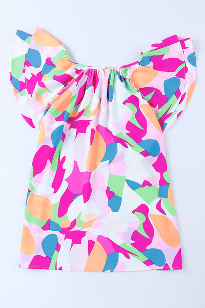 Multicolor Abstract Pattern Ruffle Short Sleeves Blouse