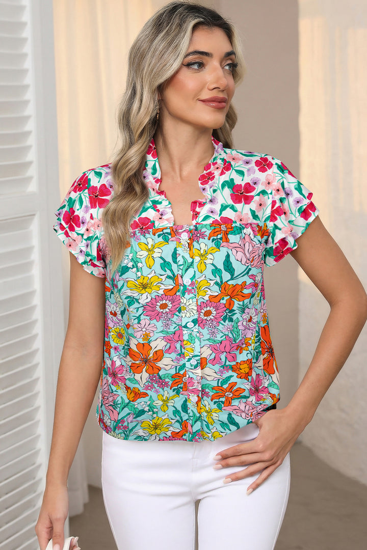 Sky Blue Floral Print Split Neck Button Front Flutter Sleeve Blouse