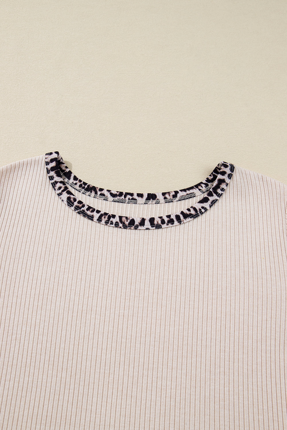 Parchment Ribbed Contrast Leopard Edge Round Neck Plus Knit Top