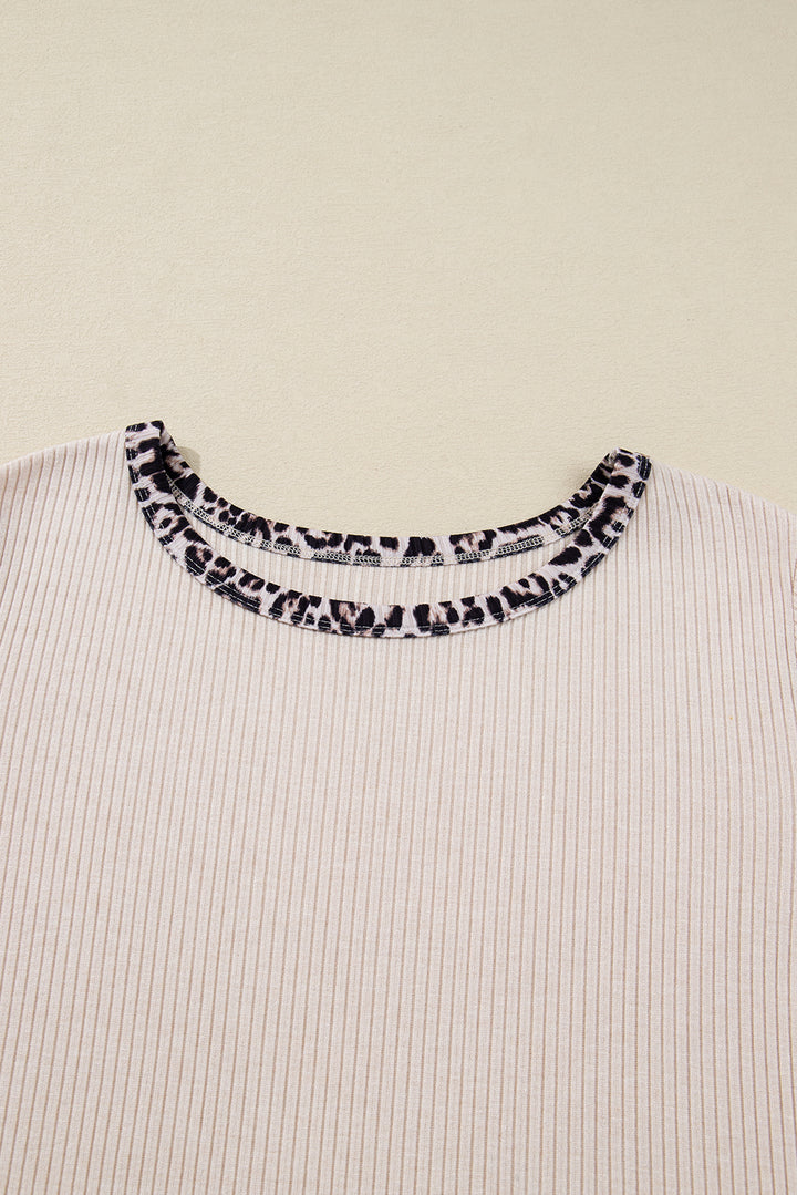 Parchment Ribbed Contrast Leopard Edge Round Neck Plus Knit Top