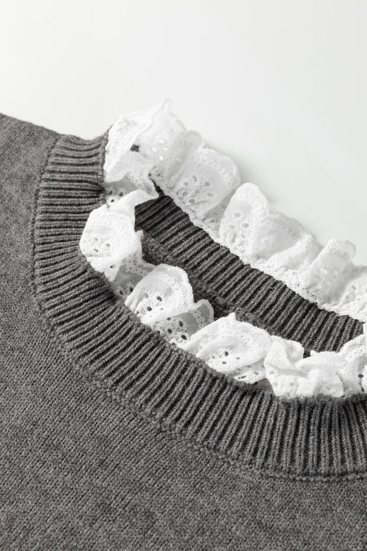 Sleet Lace Trim Patchwork Buttoned Cuffs Loose Sweater