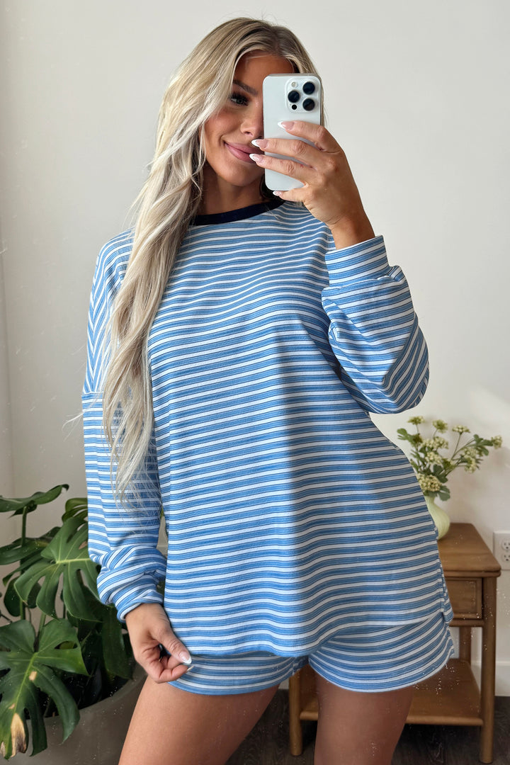 Sky Blue Stripe Long Sleeve Oversized Top Pocketed Casual Shorts Two Piece Set