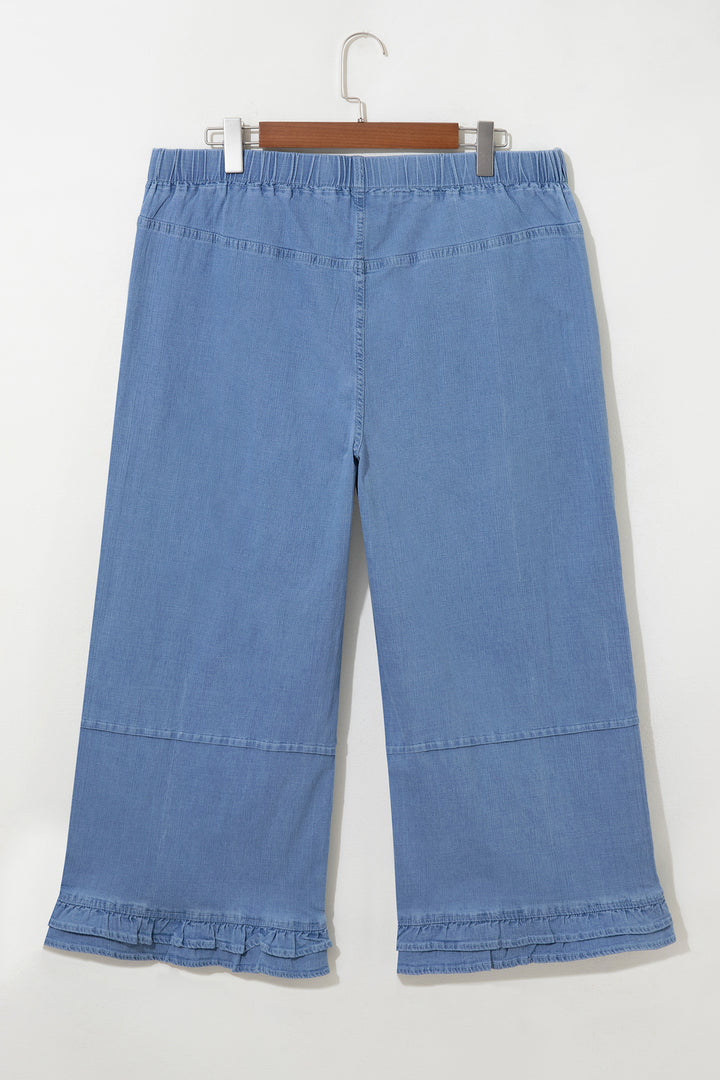 Light Blue Ruffle Hem Wide Leg Full Length Plus Size Jeans