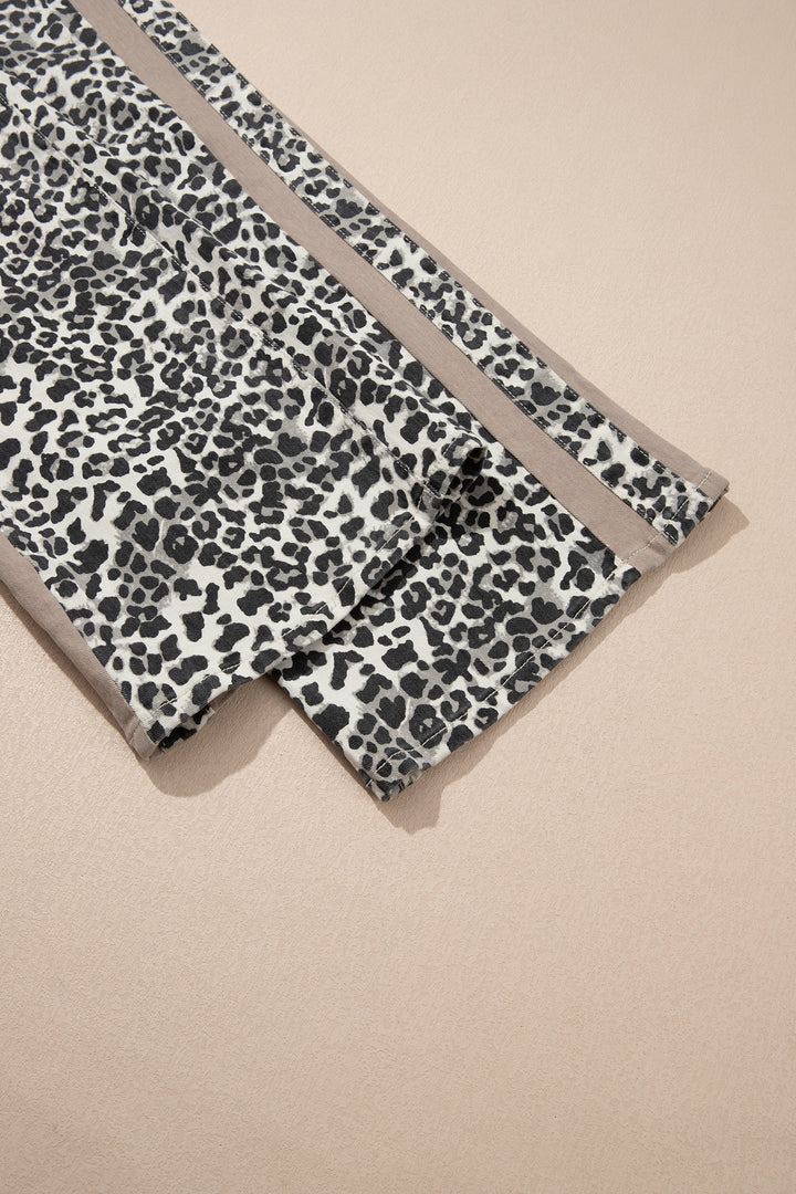 Khaki Leopard Print Drawstring Waist Straight Leg Jeans