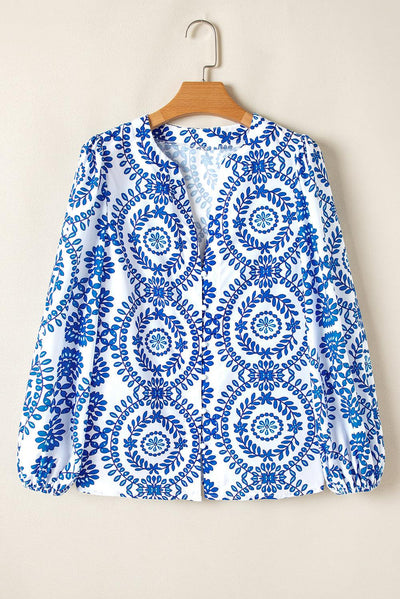 Sky Blue Vintage Geometric Printed Puff Sleeve Slit V Neck Shirt