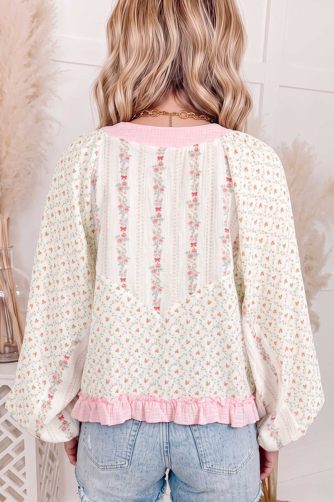 Beige Floral Print Color Block Trim Lace-up V Neck Long Sleeve Blouse
