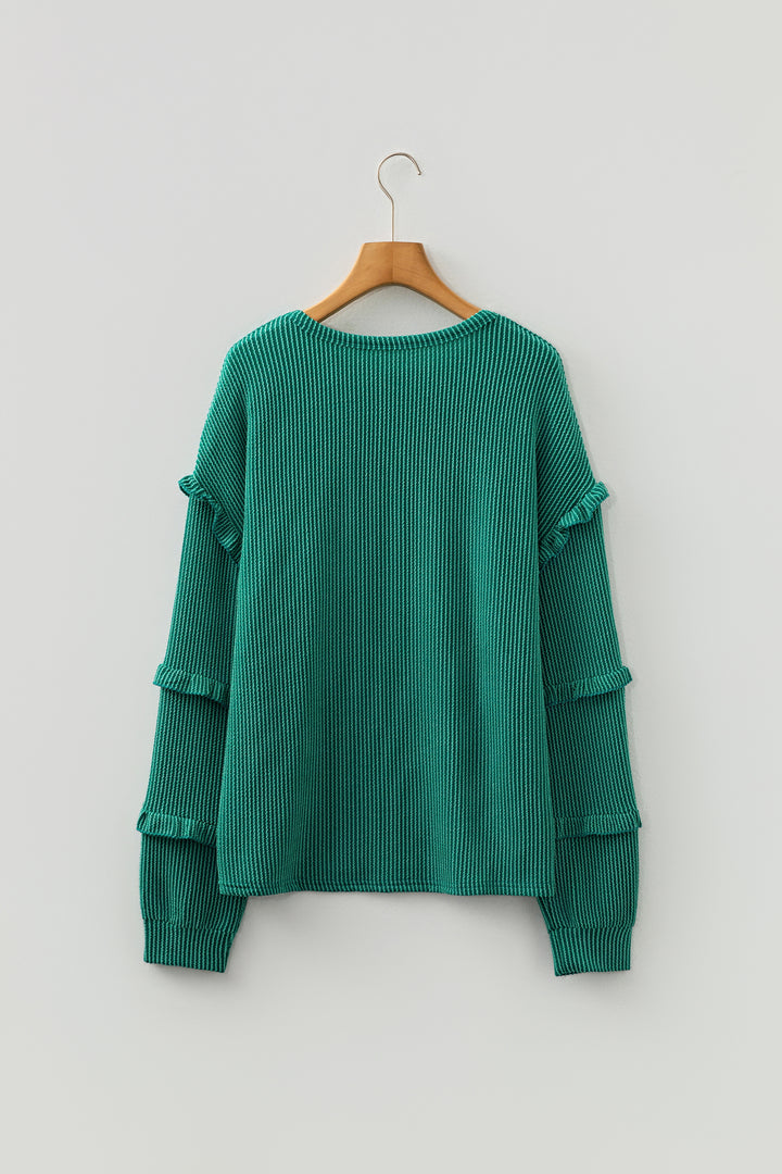 Evergreen Twisted Ribbed Tiered Ruffles Long Sleeve Pullover Top