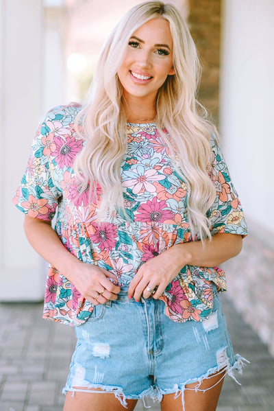 Multicolor Bohemian Flower Print Flowy Short Sleeve Top