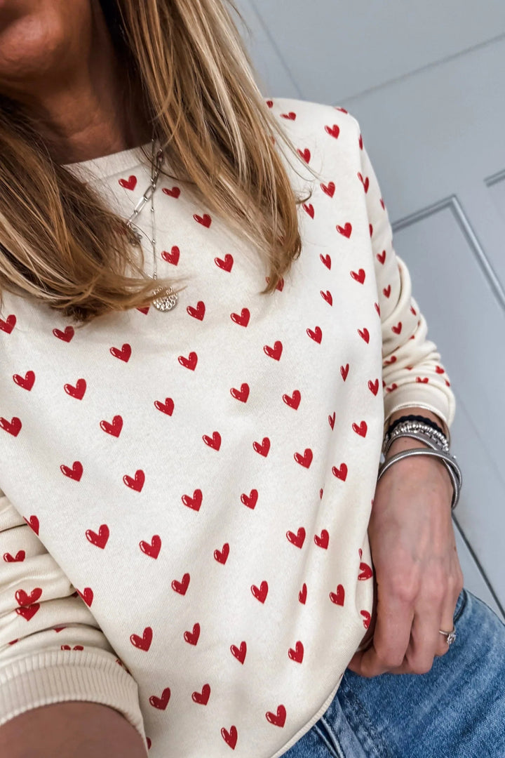 Beige Heart Print Round Neck Long Sleeve Regular Fit Sweatshirt