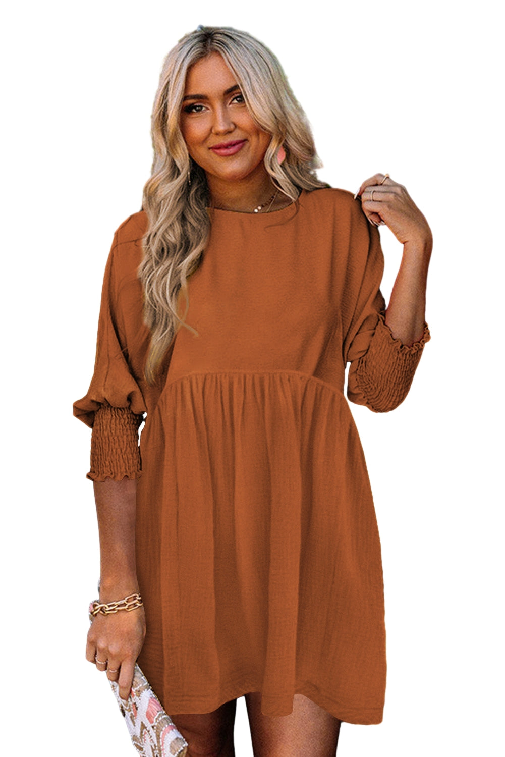 Chestnut Solid Shirred Cuffs Short Swing Dress