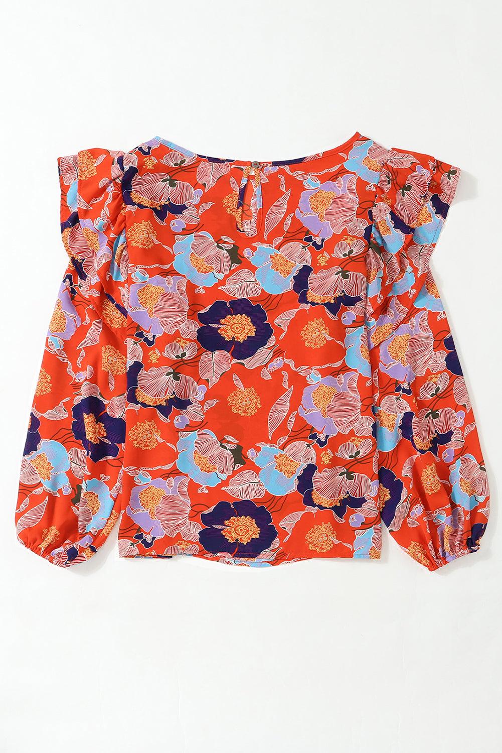 Fiery Red Floral Print Ruffle Puff Sleeve Blouse