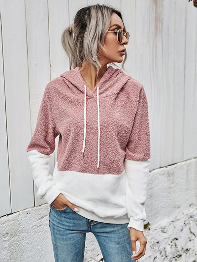 Shiny Contrast Drawstring Long Sleeve Hoodie