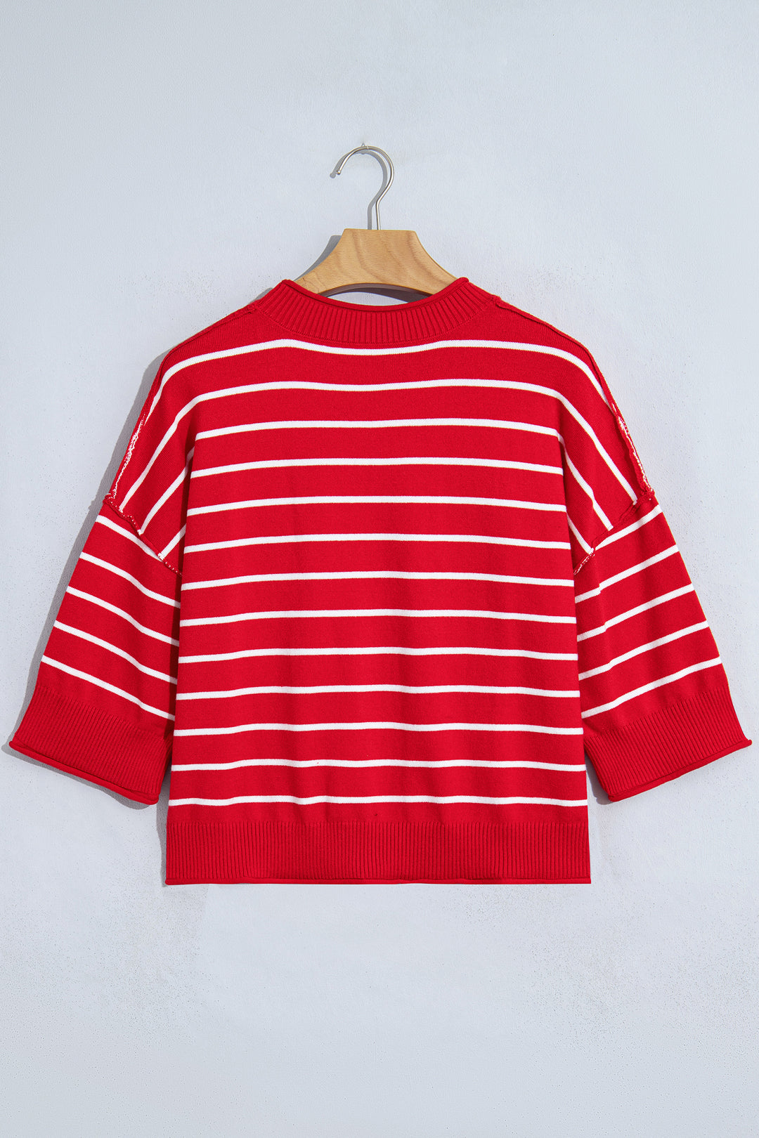 Red Stripe Dropped Shoulder Half Sleeve Relaxed Knit Sweater