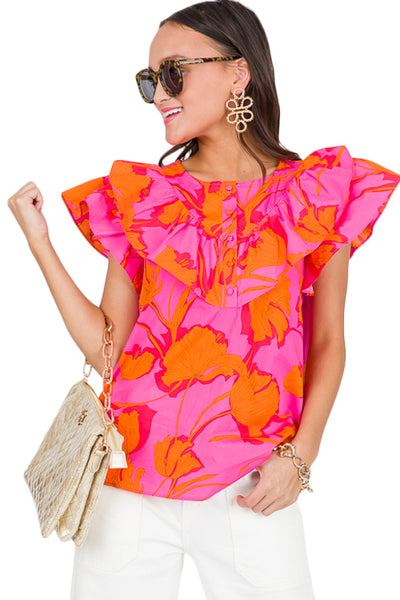 Rose Floral Ruffled Trim Flutter Sleeve Summer Top