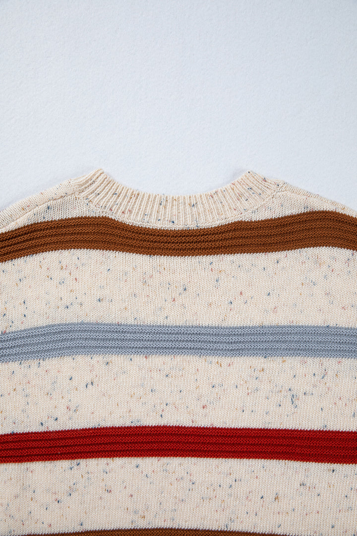 Beige Stripe Exposed Seam Drop Shoulder Heathered Knit Sweater