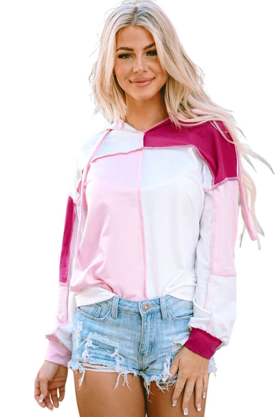 Pink Colorblock Exposed Seam Loose Sleeve Hoodie