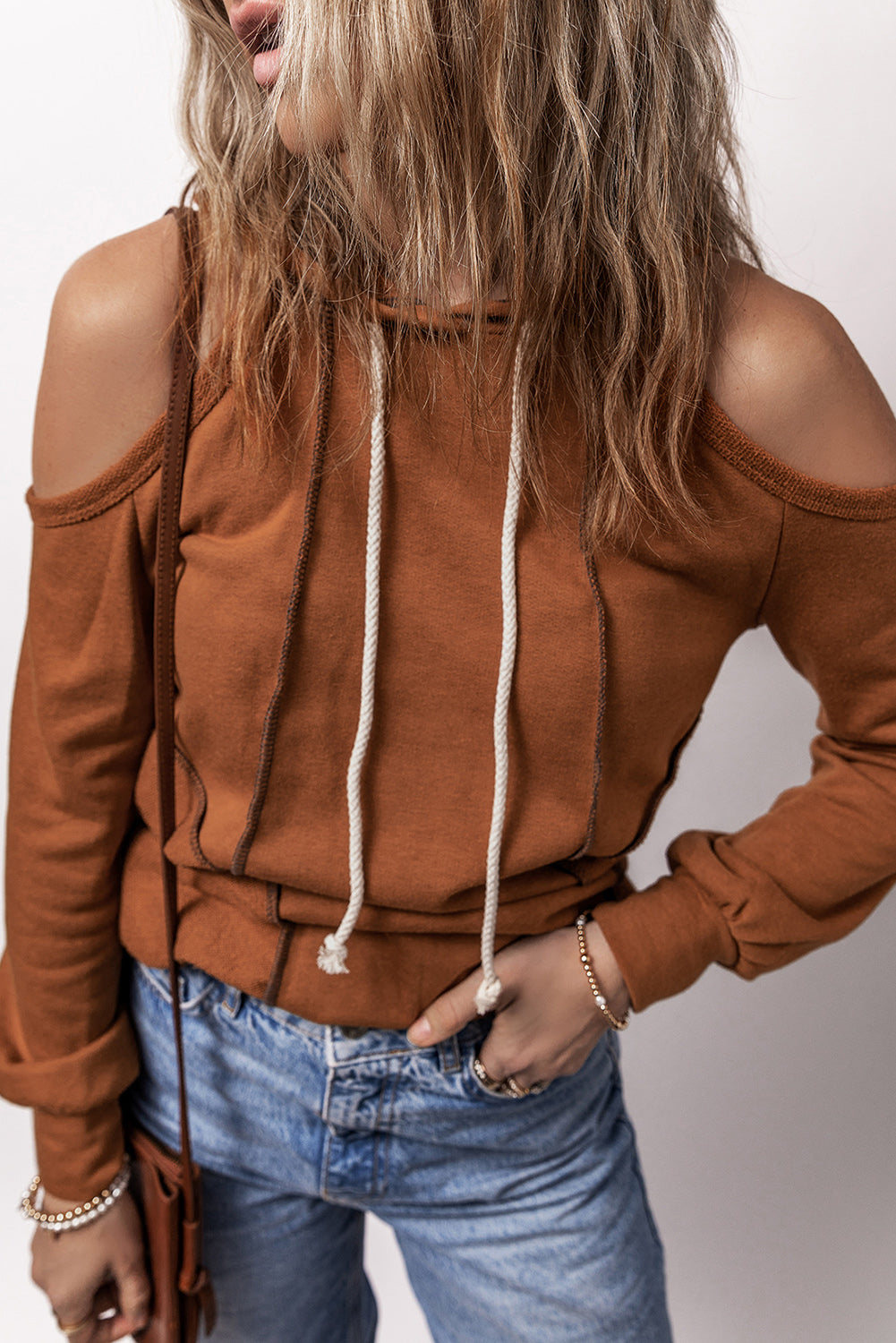 Cinnamon Exposed Seam Cold Shoulder Drawstring Hoodie