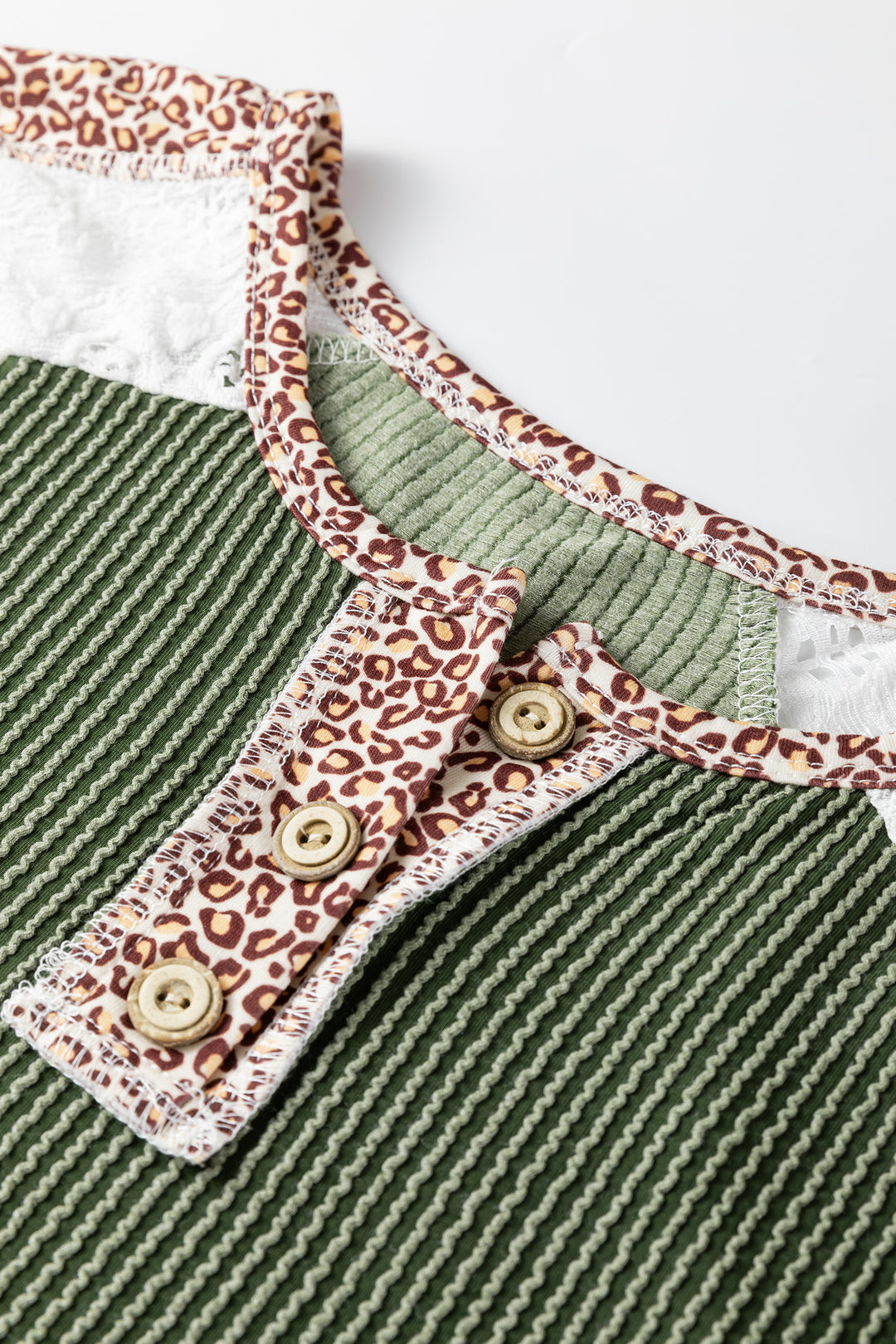 Vineyard Green Twisted Ribbed Leopard Lace Contrast Patchwork Long Sleeve Top