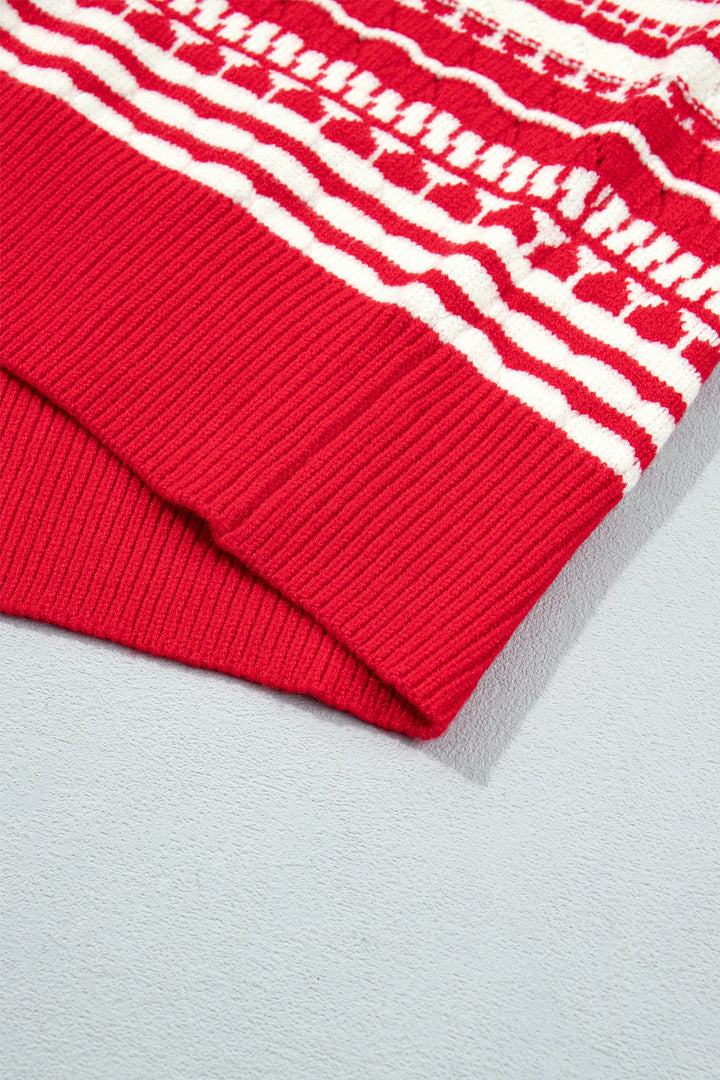 Red Geometric Striped Pattern V Neck Button Front Casual Knit Cardigan