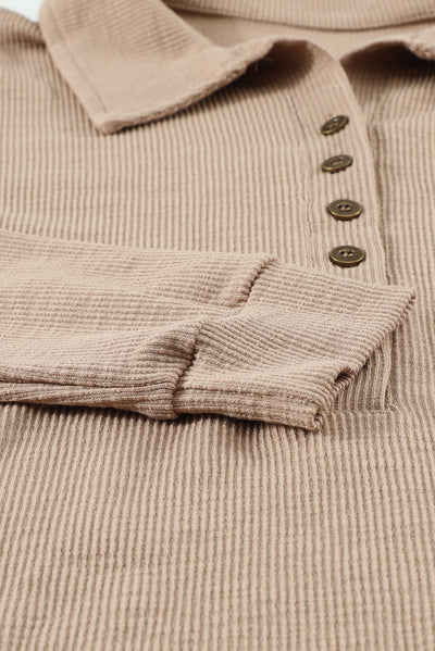 Khaki Button Front Turn-down Neck Knit Top