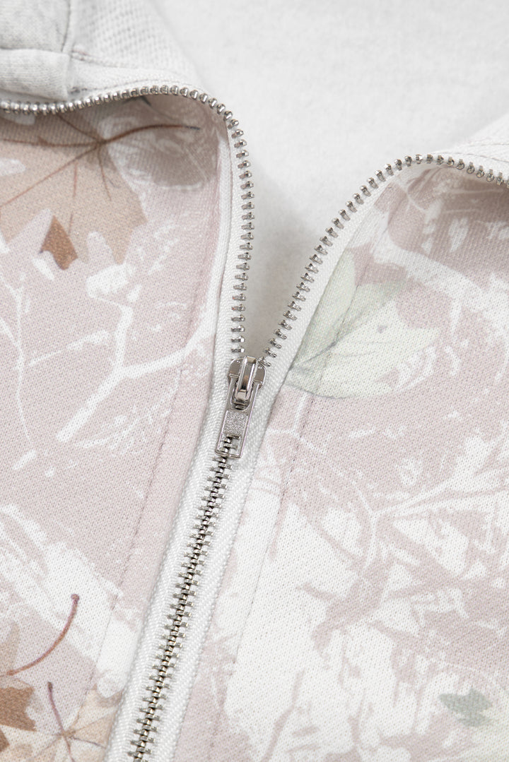 Gray Camo Leaves Patchwork Zipped Collar Pullover Plus Size Sweatshirt