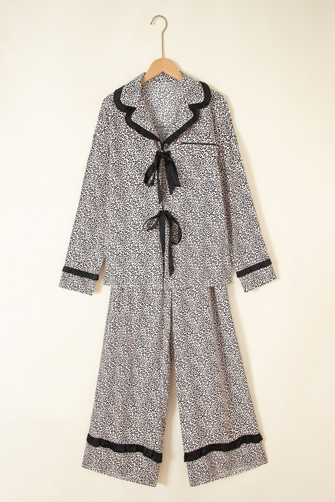 Brown Leopard Print Bow Knot Patchwork Long Sleeve Lounge Set