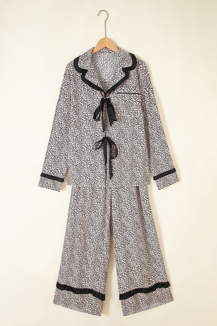 Brown Leopard Print Bow Knot Patchwork Long Sleeve Lounge Set