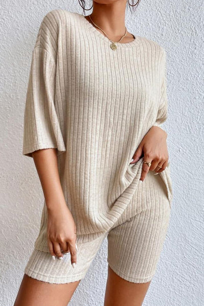 Apricot Plain Ribbed Loose Fit Two Piece Lounge Set