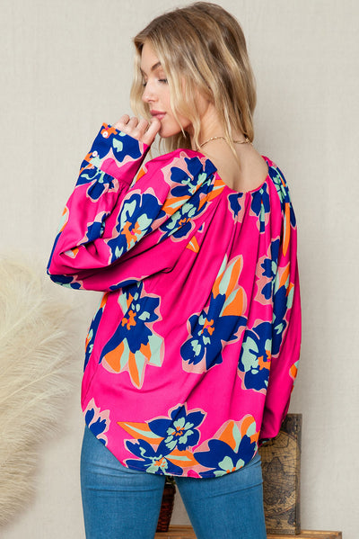 Rose Floral Pattern V Neck Balloon Sleeve Plus Size Blouse